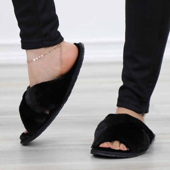 Cross Strap Black Puff Fuzzy Furry Fluffy Slip On Plush Slippers - Picture 3 of 12